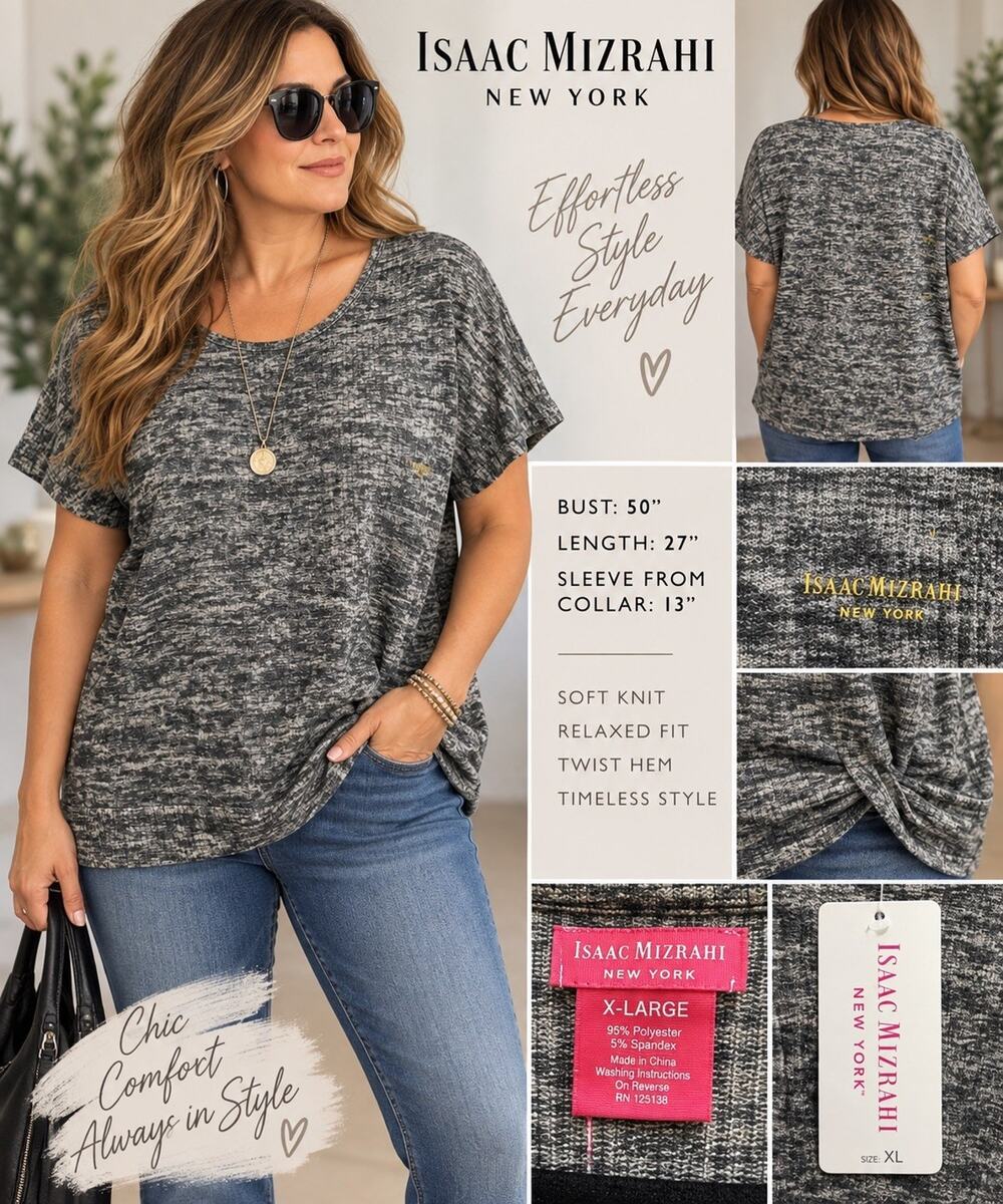Isaac Mizrahi New York Women’s XL Marled Knit Twist Hem Top Gray Black NWT